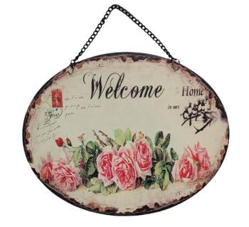 Závěsná kovová cedule s růžemi a řetízkem Welcome - 25*20 cm 8PL-724820253333