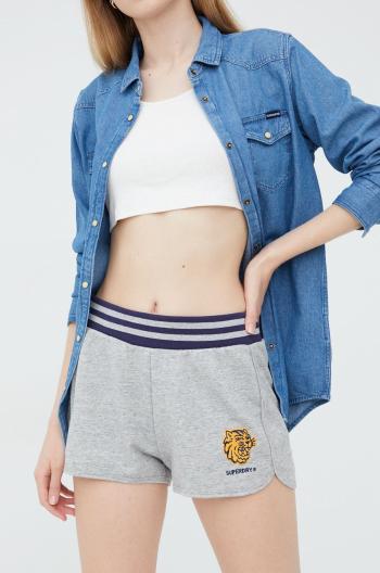 Kraťasy Superdry dámské, šedá barva, s aplikací, high waist