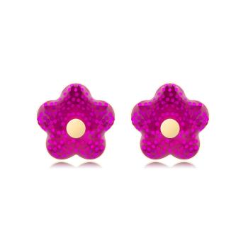 Zlaté náušnice 14K v tvare kvetu s fuchsiovými glitrami
