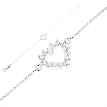 Strieborný náramok 925, jemná retiazka, kontúra srdca - číre zirkóny
