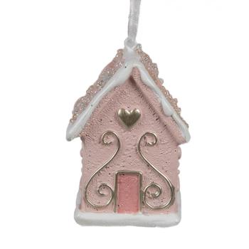 Závěsná růžová ozdoba perníková chaloupka Gingerbread House - 4*4*6 cm 6PR4211