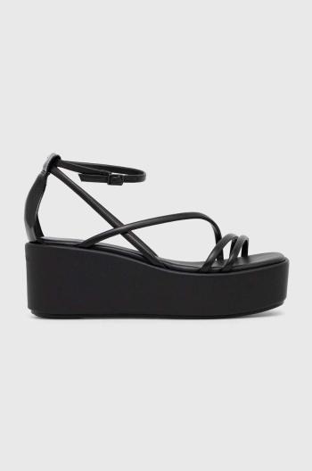 Kožené sandály Calvin Klein WEDGE SANDAL 30 LTH dámské, černá barva, na platformě, HW0HW01949