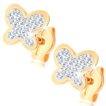 Zlaté náušnice 9K motýľ s čírymi krištáľmi Swarovski