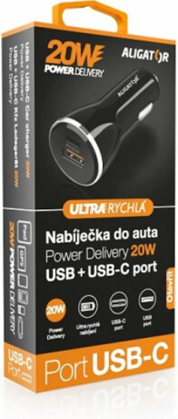 Nabíječka do auta Aligator POWER DELIVERY 20W, USB + USB-C, černá