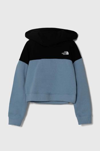 Dětská bavlněná mikina The North Face DREW PEAK CROP P/O HOODIE tyrkysová barva, s kapucí, s potiskem