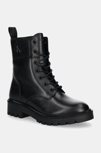 Kožené workery Calvin Klein Jeans COMBAT BOOT MID ZIP LTH IN CALF dámské, černá barva, na plochém podpatku, YW0YW01550