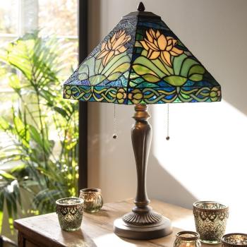 Modrá stolní lampa Tiffany s leknínem Waterlily - 31*31*61 cm E27/max 2*60W 5LL-5618