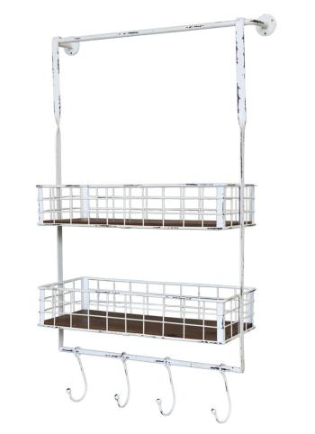 Krémová antik kovová nástěnná polička s háčky Old Shelf - 48*18*77 cm 41072519