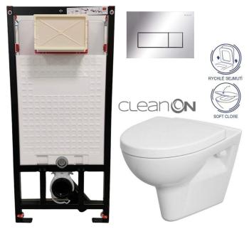 DEANTE Podomítkový rám, pro závěsné WC mísy + SLIM tlačítko chrom + WC CERSANIT CLEANON PARVA + SEDÁTKO CST_WC01 051P PA1