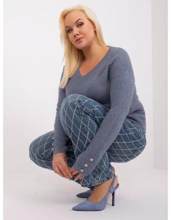 Dámský svetr s véčkovým výstřihem plus size KRE šedomodrý 