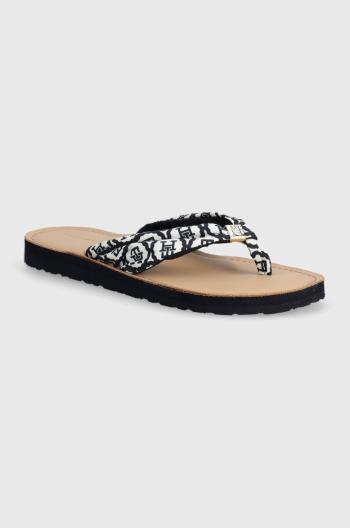 Žabky Tommy Hilfiger TH EMBLEM ELEVATED BEACH SANDAL dámské, tmavomodrá barva, na plochém podpatku, FW0FW07847