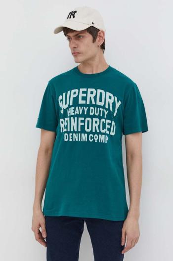 Bavlněné tričko Superdry zelená barva, s potiskem