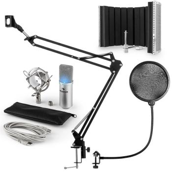 Auna MIC-900S -LED, USB MIKROFONNÍ SADA V5, STŘÍBRNÁ, kondenzátorové mikrofony, POP FILTER, AKUSTICKÁ CLONA, mikrofonní rameno