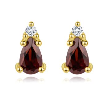 Zlaté náušnice 14K s granátom v tvare slzy a diamantom