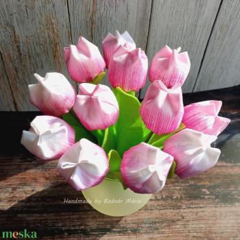 Textil tulipán csokor ballagásra, diplomaosztóra, fehér-rózsaszín-pink 12 sz/cs