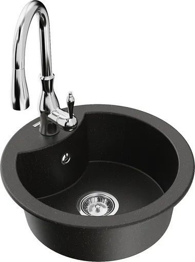 MEXEN/S Diego granitový dřez 1-miska včetně baterie Savita, černá/zlatá metalik 6512-75-672601-00