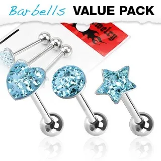 Piercingy do jazyka - SET srdíčko, hvězda, kruh se zirkony - Barva zirkonu: Aqua modrá - Q