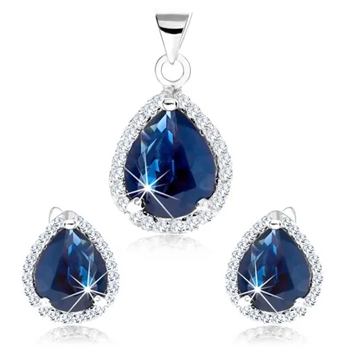 Stříbrná 925 sada, přívěsek a náušnice, modrý zirkon - kapka, čirý lem