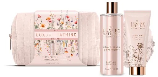 The Luxury Bathing Company Dárková sada péče o tělo v taštičce Pivoňka, Broskev & Malina 3 ks