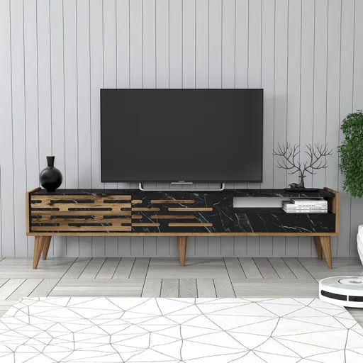TV stolek Valensiya - Walnut, Black, Marble