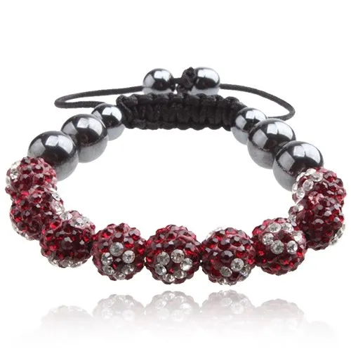 Náramek Shamballa - červené kuličky s čirými kvítky ze zirkonů