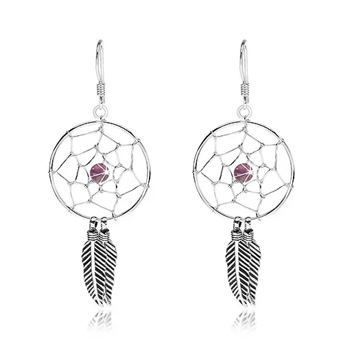 Visací náušnice, stříbro 925, fialová kulička, lapač snů s pírky, 20 mm