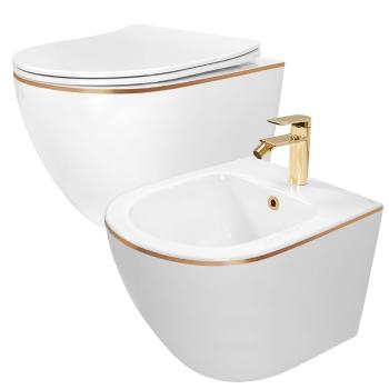 REA/S Sada: WC mísa CARLO Mini + bidet CARLO Mini bílý se zlatým okrajem KPL-C1222