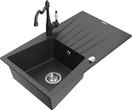 MEXEN/S Cesar granitový dřez 1-miska s odkapávačem včetně baterie Carla, černá kropenatá 6514-76-670700-76