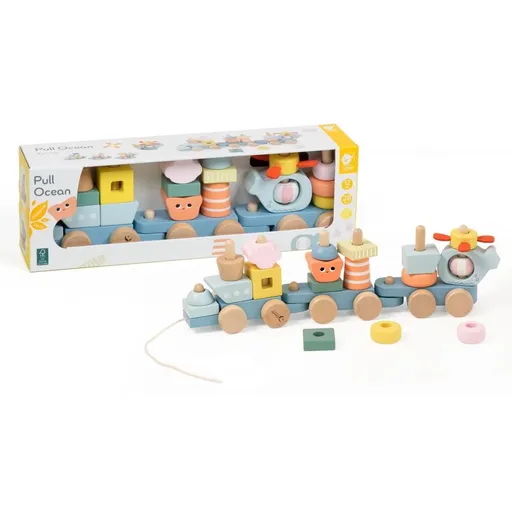 Teddies Vlak + 2 vagóny oceán dřevo tahací stavebnice 28 dílků v krabici 38x12x8cm 12m+