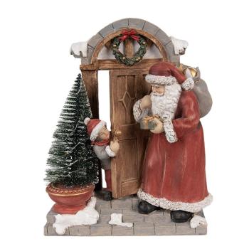 Dekorace Santa u dvěří s pytlem dárků a stromkem s Led světýlky - 18*8*22 cm 6PR4945