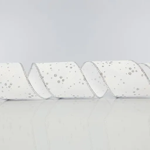 Eurolamp Vánoční dekorace bílá stuha s listy a stříbrnými třpytkami, 6,35 cm, 1 ks