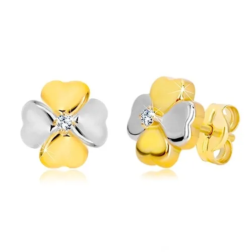 Náušnice ze zlata 585 - dvoubarevný čtyřlístek pro štěstí se zirkonem