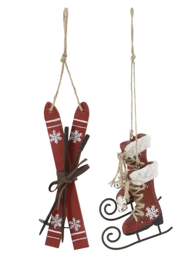 2ks červená antik vánoční ozdoba brusle a lyže Vintage - 2*14/ 9*2*9 cm  Chic Antique