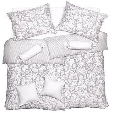 SCANquilt povlečení SATÉN PLUS rostliny+proužky sv. šedá (33757)