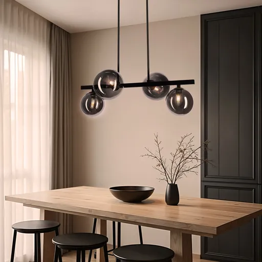 Černá závěsná lampa KAMA v tmavém japonském stylu - s grafitovými kuličkami - designová lampa do obývacího pokoje 4x G9 LED