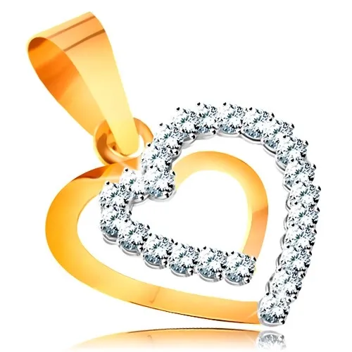 Přívěsek ze žlutého 14K zlata - dvojitá kontura souměrného srdíčka se zirkony