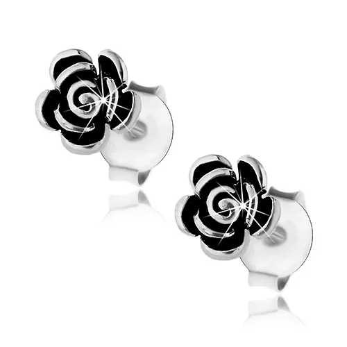 Náušnice ze stříbra 925, patinované růžičky, lesklý povrch, puzetky