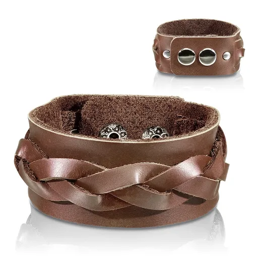 Kožený náramek - tmavě hnědý, zdobený pleteným copánkovým vzorem, patenty