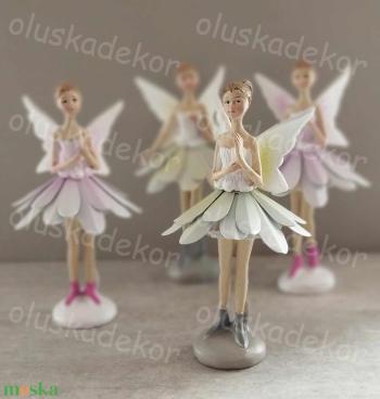 Tündér, rózsaszín, zöld ruhás, tündérkert, poly dekor, figura, 14 x 7 cm