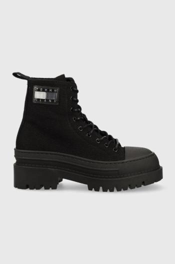 Nízké kozačky Tommy Jeans TJW FOXING CANVAS BOOT dámské, černá barva, na platformě, EN0EN02216