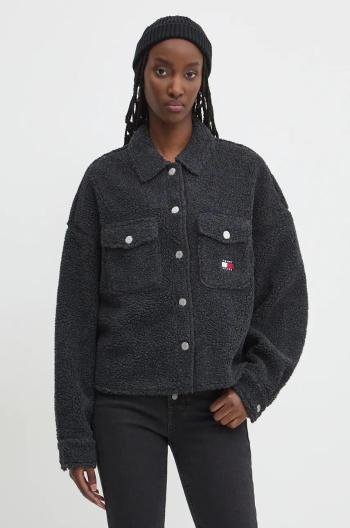 Košilová bunda Tommy Jeans černá barva, oversize, DW0DW18869