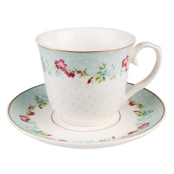 Zelený porcelánový šálek s podšálkem s květy - Ø 15*8 / 250 ml 6CEKS0128