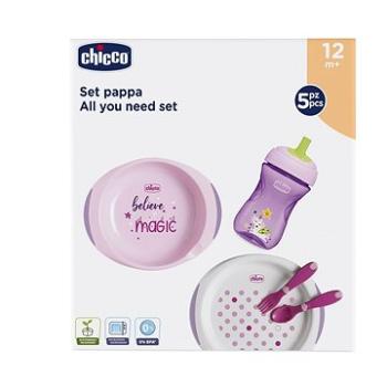 Chicco jídelní set, talíře, příbory, sklenka, 12 m+, růžový (8058664086696)