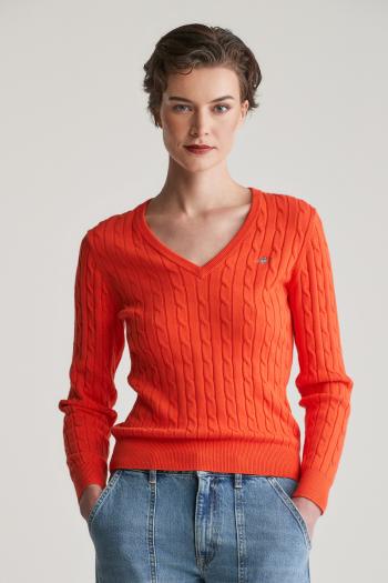 SVETR GANT STRETCH COTTON CABLE V-NECK ORANGE RED