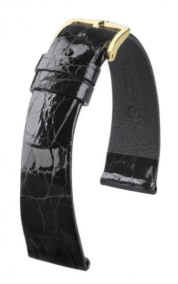 Řemínek Hirsch Prestige Crocodile - černý - 16 mm - L – Standardní délka (doporučujeme) - 14 mm - Zlatá