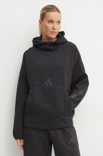 Mikina adidas ZNE dámská, černá barva, s kapucí, s potiskem, JE7860