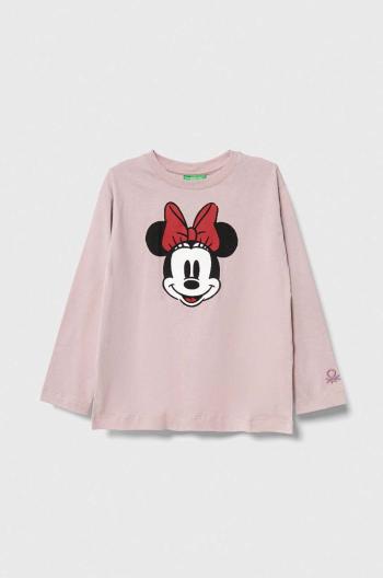 Dětské bavlněné tričko s dlouhým rukávem United Colors of Benetton x Disney růžová barva