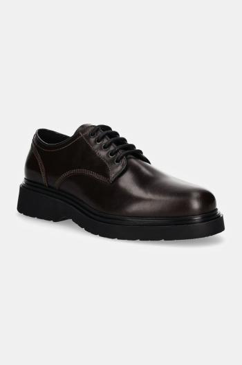 Kožené polobotky Calvin Klein DERBY LTH pánské, hnědá barva, HM0HM01574