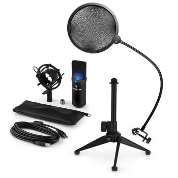 Auna MIC-900B-LED V2, USB mikrofonní sada, černý kondenzátorový mikrofon + pop-filter + stolní stativ