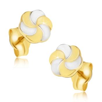 Zlaté náušnice 14K dvojfarebné s lesklým povrchom v tvare vrtuliek